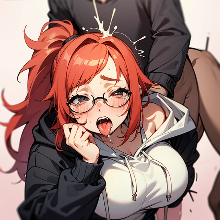 dull bangs、messy hair、Sloppy、cross-eyed、drunk、( fool / Sexual ecstasy)、Glasses、highest quality,  Beautiful charming anime girl, slender body, tied hair, one girl,wearing a hood,hoodie、ponytail、redhead、sex、stick out tongue、Bukkake、multiple、facial、rape、saliva、tears