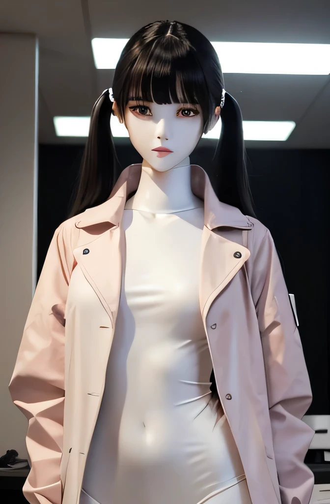 コンピューターの前に立つ全身mannequin,そのmannequinは美しいです,mannequin is a female college student,mannequinの身長は165cmです,mannequinの色'my face is white.,mannequinの色'The body is pure white.,mannequin has black hair( twin tails,bangs),あのmannequinは顔が細くて小さい.,mannequinの色'lips are light pink.,mannequin'eyes are black.mannequin is wearing a coat.,bright room
