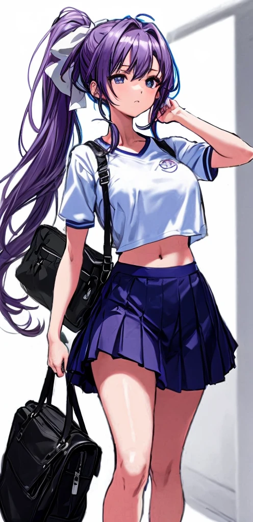 A beautiful girl with a crisp face and long hair tied in a mauve-purple ponytail with a light pink ribbon is standing in the school hallway wearing a white gym uniform on top and navy blue bloomers shaped like panties on the bottom.。