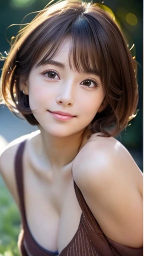 (highest quality,8K quality,masterpiece:1.3,),(ultra high resolution:1.3,Photoreal:1.4,RAW photo:1.2),(Super detailed:1.2,shiny skin,fine skin:1.1),(detailed face,perfect anatomy,caustics:1.2),on the lawn,sleep on your back,overhead view,,1 girl,cute,Japanese,22 years ago,Japanese ID,natural brown hair,Curl short hair outward,cute目,natural makeup,Sex worker,laughter,look at the camera,up on the face,face focus,professional lighting,natural soft light,, Low position, Low - Angle
