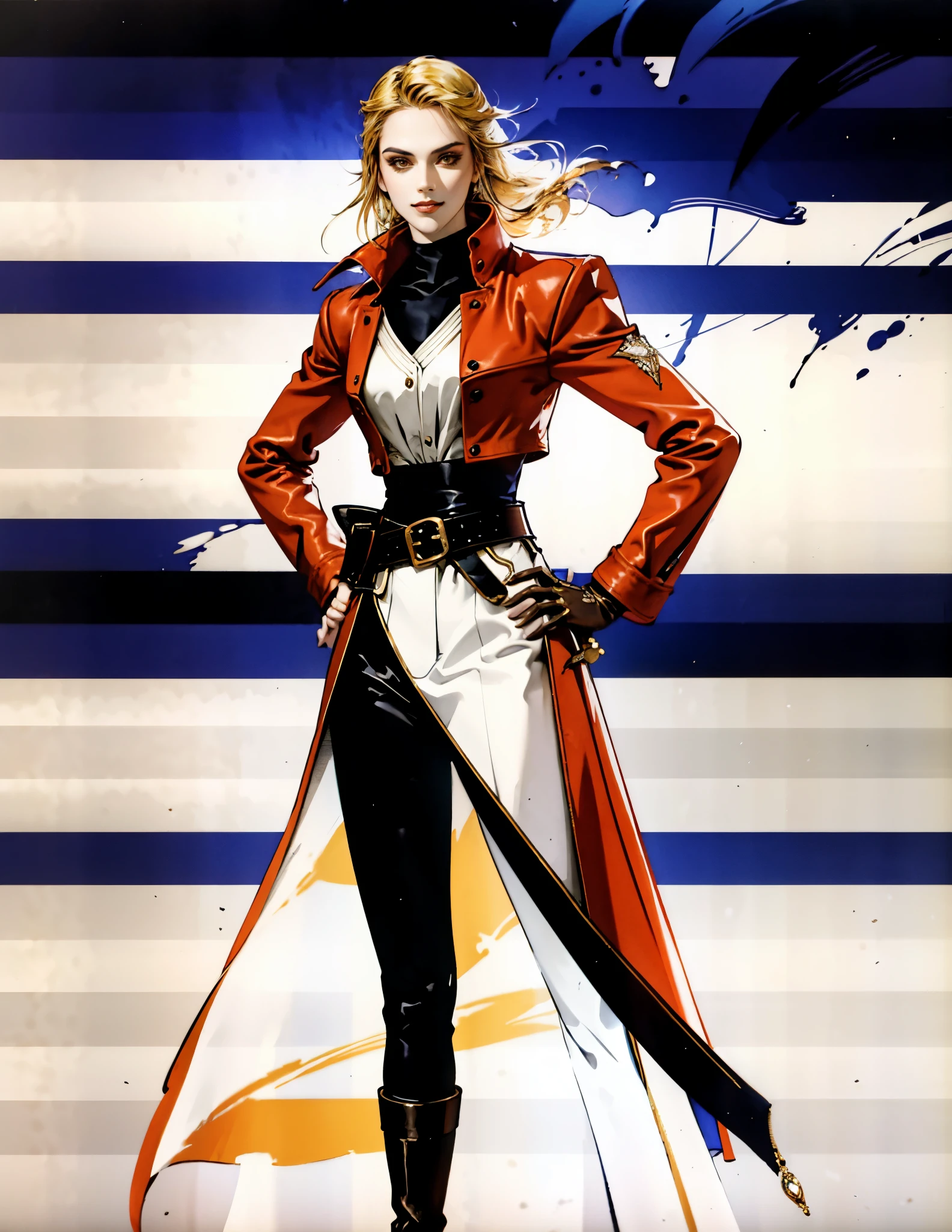 A beautiful woman with flowing orange long hair, exquisite facial features, a playful smile, confident eyes, a tall figure, a two-piece fantasy-style pirate robe coat, yellow as the main color, complemented by red accents, long wrist guard gloves on her hands, a gold belt around her waist with a short hem, leather pants, knee-high boots, standing with her hands on her hips in front of a fantasy medieval-style port tavern, this character embodies a finely crafted fantasy-style female pirate in anime style, exquisite and mature manga art style, high definition, best quality, highres, ultra-detailed, ultra-fine painting, extremely delicate, professional, anatomically correct, symmetrical face, extremely detailed eyes and face, high quality eyes, creativity, RAW photo, UHD, 8k, Natural light, cinematic lighting, masterpiece-anatomy-perfect, masterpiece:1.5