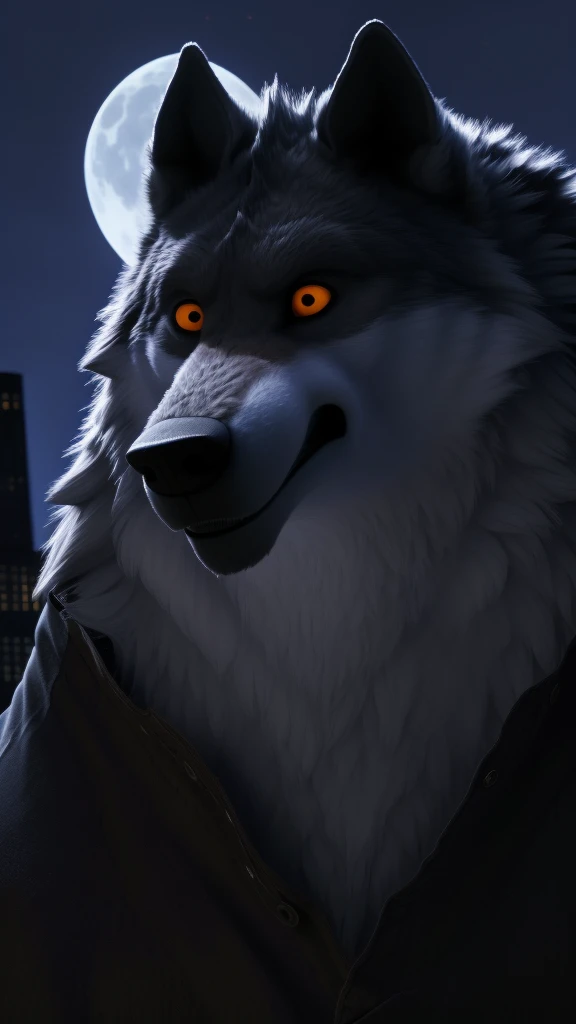(best quality,4k,8k,highres,masterpiece:1.2),ultra-detailed,(realistic,photorealistic,photo-realistic:1.37),epic,portrait,wolf-man,wolf's head,full moon,night background,lone wolf,New York City skyline,skyscraper,personal building,empty city,frightened people,HDR,32K