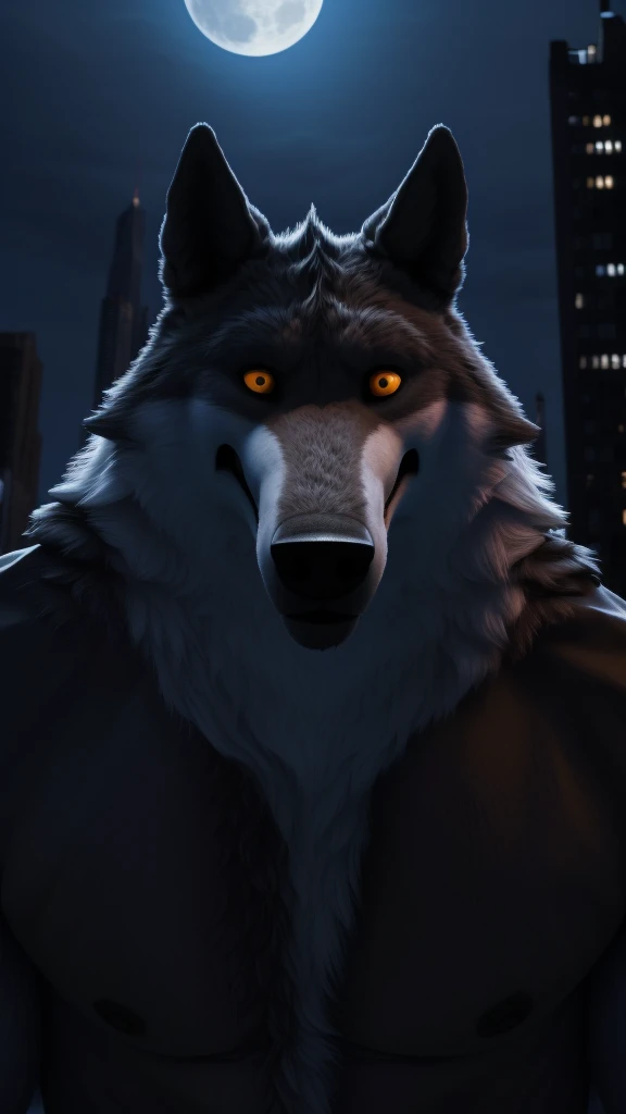 (best quality,4k,8k,highres,masterpiece:1.2),ultra-detailed,(realistic,photorealistic,photo-realistic:1.37),epic,portrait,wolf-man,wolf's head,full moon,night background,lone wolf,New York City skyline,skyscraper,personal building,empty city,frightened people,HDR,32K