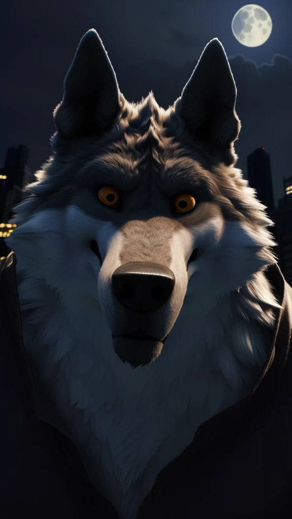 (best quality,4k,8k,highres,masterpiece:1.2),ultra-detailed,(realistic,photorealistic,photo-realistic:1.37),epic,portrait,wolf-man,wolf's head,full moon,night background,lone wolf,New York City skyline,skyscraper,personal building,empty city,frightened people,HDR,32K