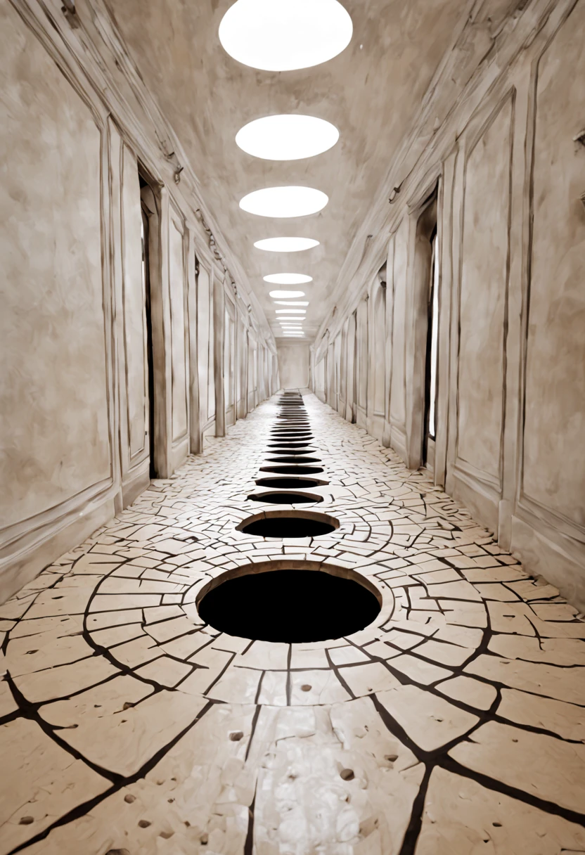 Paradoxical illusion indoor walkway hand drawn deep concave hole on the ground illusion art visual illusion masterpiece best quality