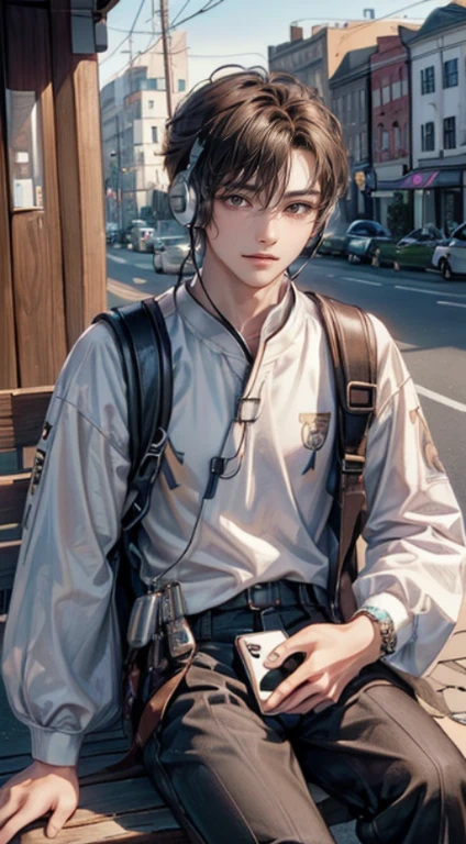 ((4K works))、masterpiece、(top-quality)、((high-level image quality))、((One Manly Boy))、Slim body、((Attractive and y fashion))、((Men's Fashion))、((Holding a backpack and iPhone in hand))、(Detailed beautiful eyes)、In a fashionable city、Sitting on the curb and listening to music、Face similar to Chaewon in Ruseraphim、((short hair above the ears))、((Smaller face))、((Neutral face))、((Light brown eyes))、((Korean boy))、((18year old))、((Handsome man))、((Teeth and smile expression))、((Korean Makeup))、((elongated and sharp eyes))、((photo of a model))、((Like a celebrity))、Professional Photos、((Shot alone))、((Sitting on the curb and listening to music through headphones))、((He sits in front of the viewer))、((Shot diagonally up from the front))、((Hold your iPhone in your hands、Look at your iPhone screen))