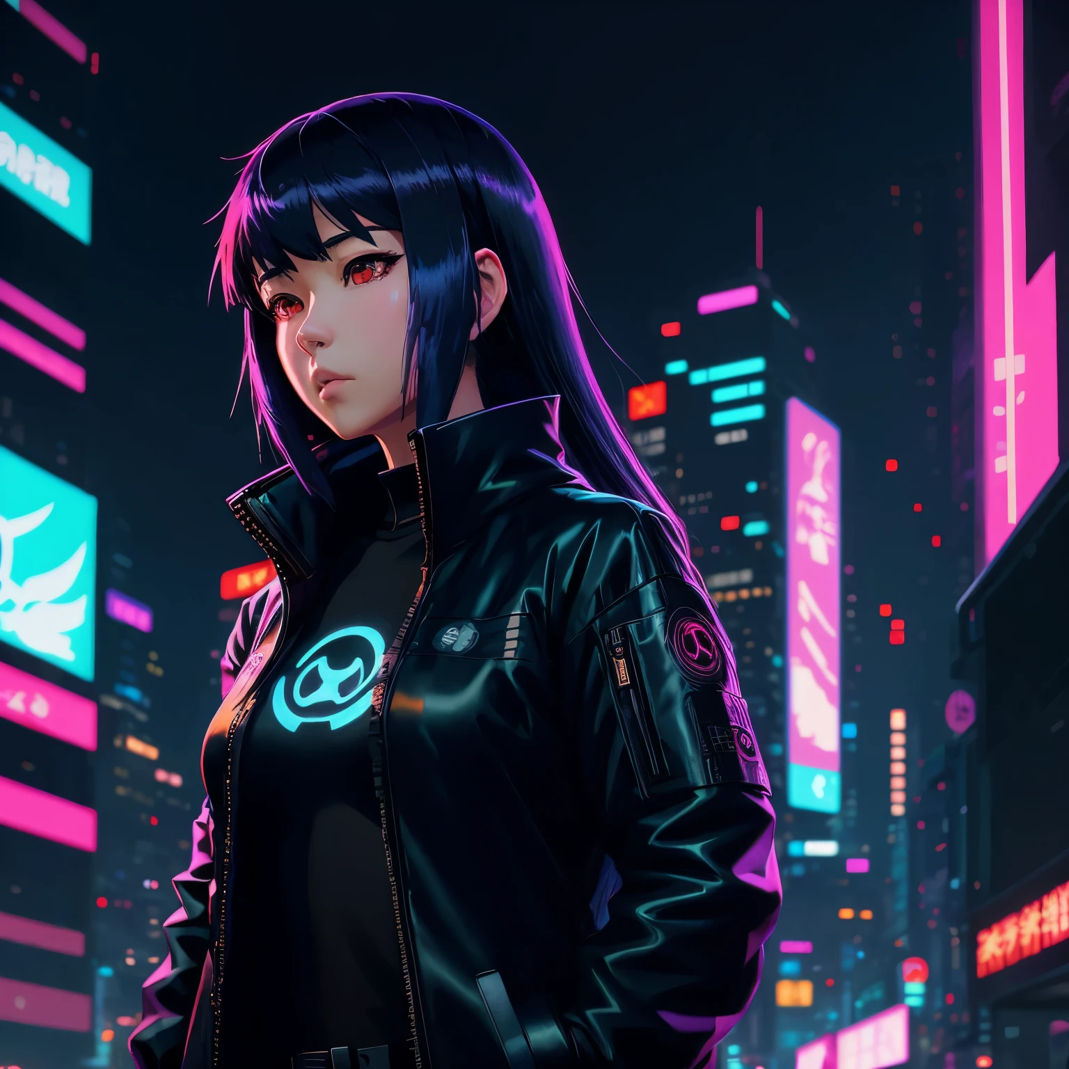 anime girl with long hair and black jacket in a city, ghost in the shell art style, modern cyberpunk anime, cyberpunk anime art, artstyle : ilya kuvshinov, digital art ilya kuvshinov, anime cyberpunk art, ghost in the shell style, digital cyberpunk anime art, ilya kuvshinov. 4 k, motoko kusanagi