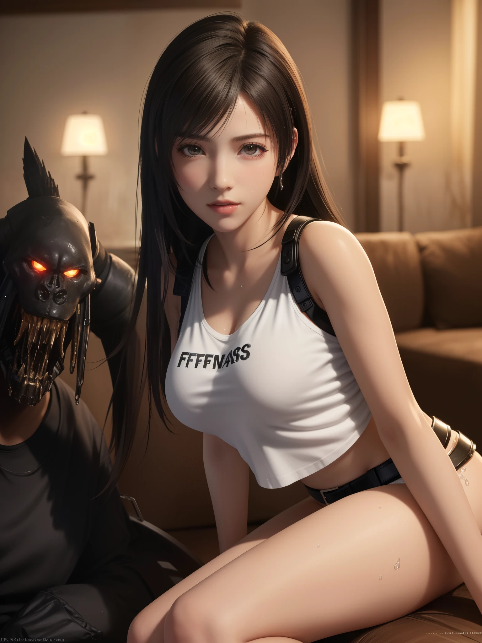 (Top Quality, Masterpiece: 1.1), (Realistic: 1.3), BREAK (((FF7,Tifa_lockhart))),(tifa_lockhart and monsters),sitting sofa, open legs,(shirt lift:1.3),(put clothes in one's mouth),(A dark, barely lit torture chamber:1.3,wet:1.2,night:1.1),(face focus:1.1), BREAK (((FF7,Tifa_lockhart))),(Light Brown Hair, Large breasts: 1.2),(boyfriend's clothes:1.3,oversized t-shirt:1.3), BREAK (((FF7,Tifa_lockhart))),(shiny oiled skin: 1.1),(crowd of monster:1.3),(many monsters:1.2), ((stringy viscous liquid)),(no bra),(no panties),wet hair, about 18 years old,sensual, (sweat on body:1.3)
