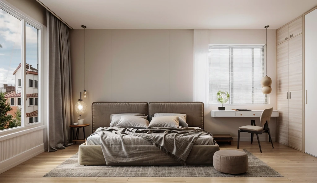 Bedroom, (nordic style:1.2), {wooden floor|white panels wall|spotlight|rug|window|curtain light|warm light|neutral color|bright sunlight|midday}, {Best Quality|Masterpiece|best illustration|Photorealism archdaily|award winning design|photorealistic|extreme detail|Stunning|photographic render|High-fidelity|vray render|Eye-catching|Sharp edge render| Sony A7R IV - 61 MP Exmor R CMOS full frame 35mm 61.0 Megapixel}, day, 8k uhd, dslr, soft lighting, high quality, film grain, Fujifilm XT3