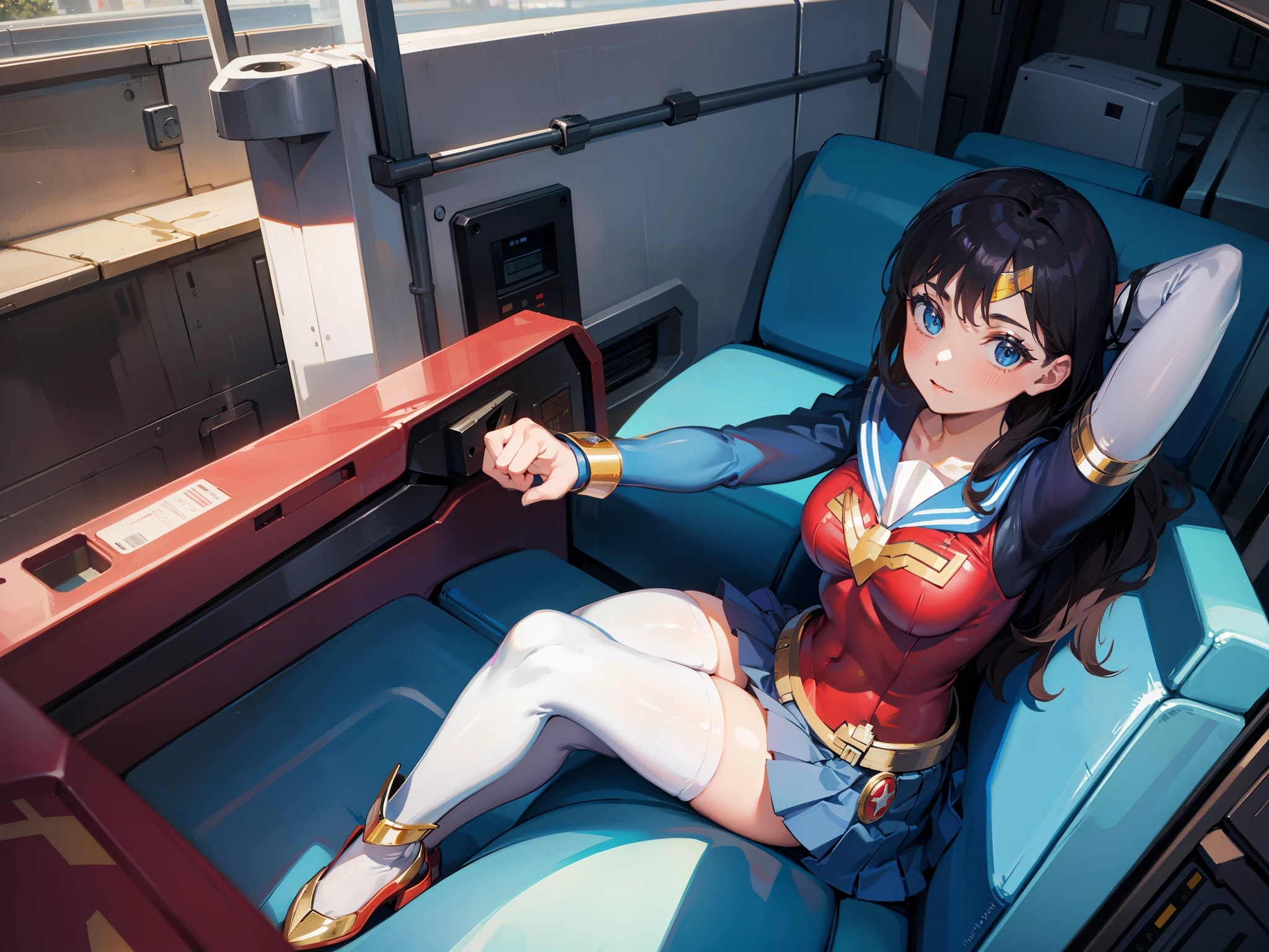 1 school girl wonderwoman sitting in robot