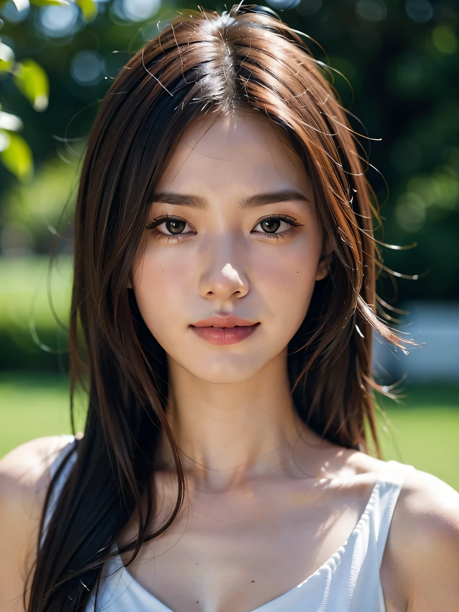 1 girl, cute, cute, gentle features、glossy lips、double eyelids in both eyes、natural makeup, smile, (eye highlights:1.2), long eyelashes are bright, medium hair, Smooth light brown hair、hair swaying in the wind, bangs、center image、8K、high detail、detailed hairstyle、detailed face、great movie lighting、octane rendering、vibrant、surreal、perfect limbs、perfect anatomy, beautiful proportions,