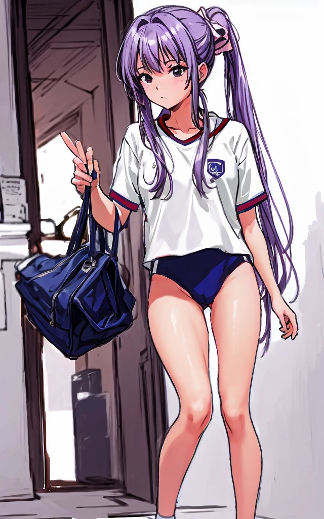 A beautiful girl with a crisp face and long hair tied in a mauve-purple ponytail with a light pink ribbon is standing in the school hallway wearing a white gym uniform on top and navy blue bloomers shaped like panties on the bottom.。