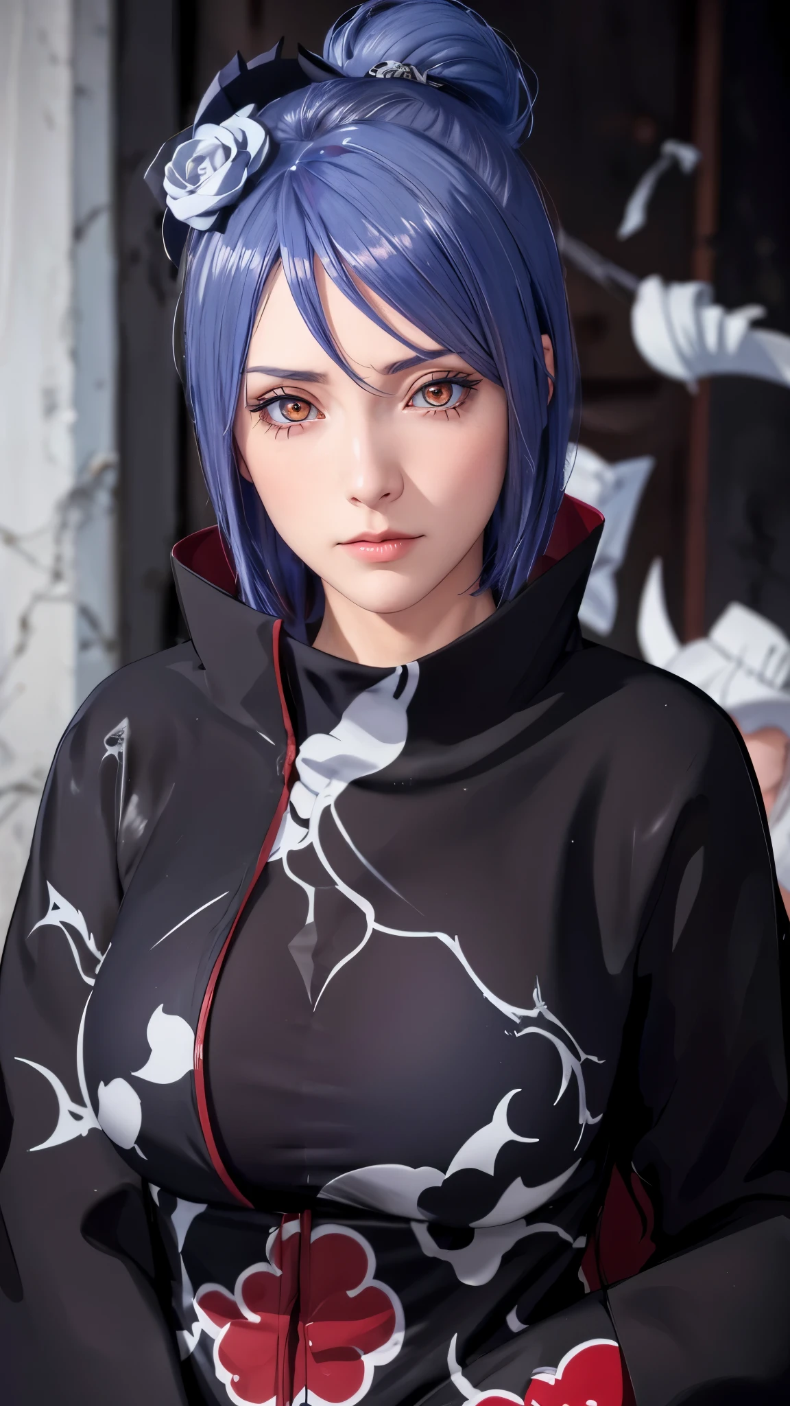 （（（Xiao clothing，Xiaoyi, ninja, black cloak,black coat, （（（Denia，woman \(Naruto\),woman, blue hair, Orange pupils, short hair, hair accessories, flower, hair flower, ））），（（（wide hips））），S-shaped body:1.7））），((masterpiece)),high resolution, ((Best quality at best))，masterpiece，quality，Best quality，（（（ Exquisite facial features，looking at the audience,There is light in the eyes，Shy，blush，pain，Bear ））），（（（Light and shadow interlace，Super huge ，split））），（（（looking at camera，from below，look up，低头looking at camera，white paperairplane，，Hide your hands in your sleeves）））