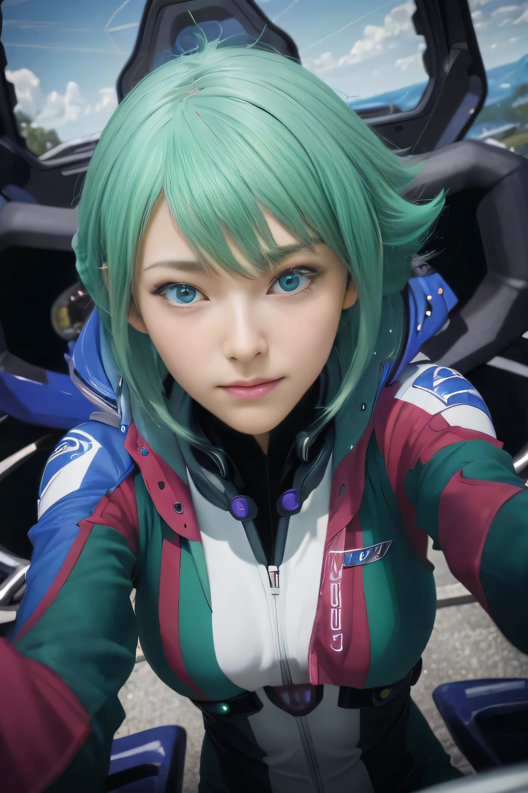 masterpiece, best quality, (realistic,photo-realistic:1.4), (RAW photo:1.2), extremely detailed CG unity 8k wallpaper, delicate and beautiful, amazing,finely detail, official art, absurdres, incredibly absurdres, huge filesize, ultra-detailed,extremely detailed eyes and face,light on face,little smile,(green hair:1.4),blue eyes,(wearing plugsuit:1.4),short hair,cockpit,zessica wong