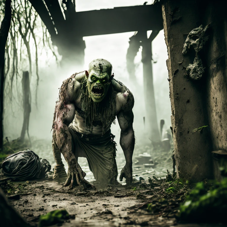 a monster,(((pale white skin))),solo,hunchback troll,zombie,zombie hulk,tattered clothes, dead rotting skin on the face, muddy hair, detailed rotting peeling dead skin,water corpse, blind, huge arms,huge hands,huge claws,stoop like a carnivores,small face,full body view,in the kanal,overgrown sewer,fogging underground,moody low lighting,wide angle,