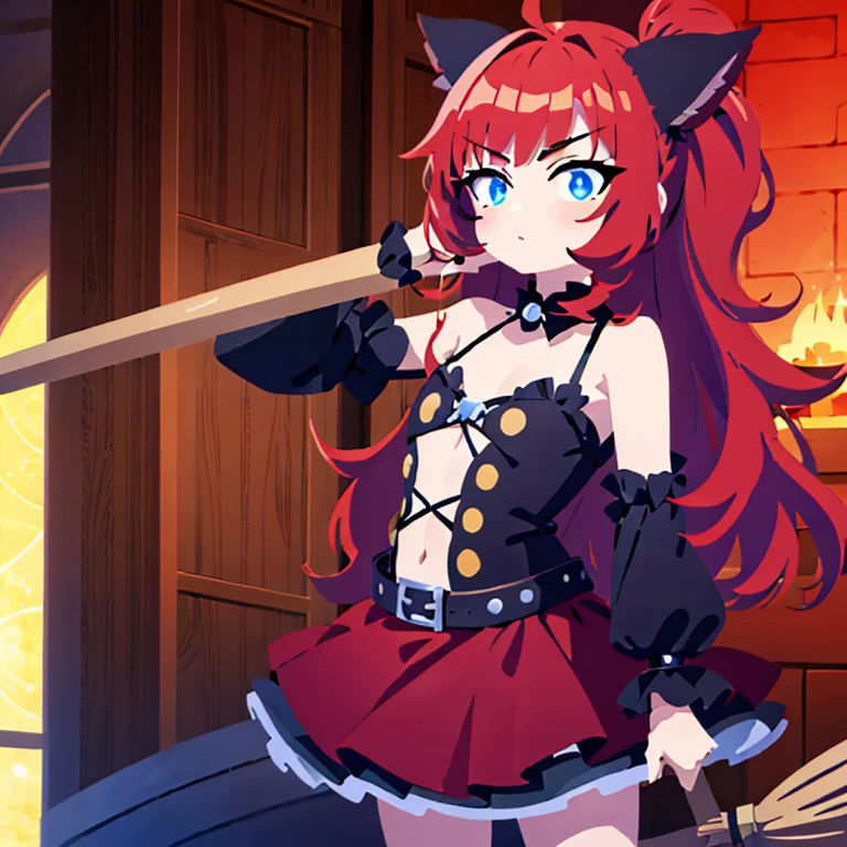 Red hair,Double tail,curls,,flat chest,gotik,Magic Broom,background white,masterpiece
