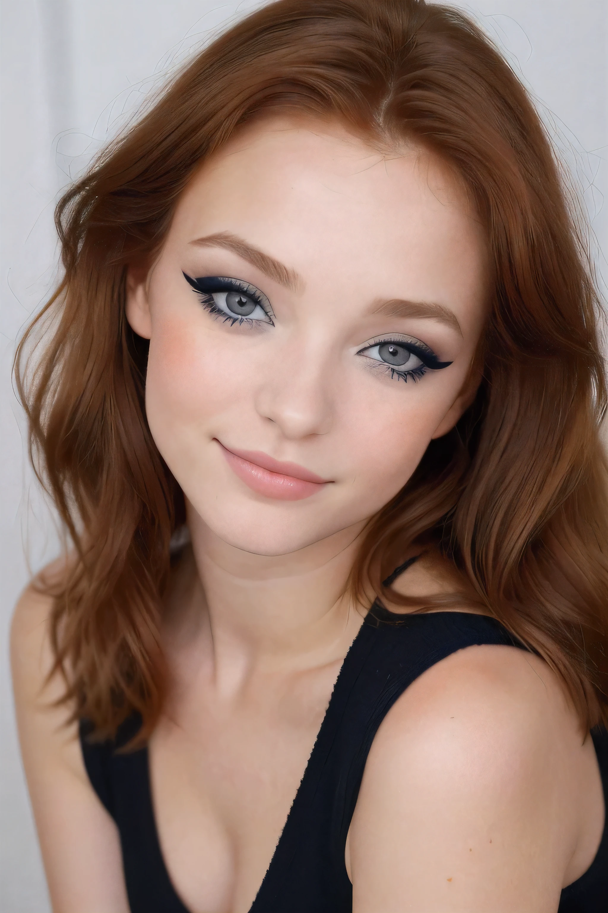 photo à moitié du corps d'une jolie fille rousse de 20 ans, roux, (Avoir l’air timide:1.3), taches de rousseur, visage détaillé, peau détaillée, (haut court en tricot côtelé avec pantalon cargo et grosses baskets), beau corps, grands yeux bleus ronds, eye-liner noir, lèvres sensuelles, pose suggestive