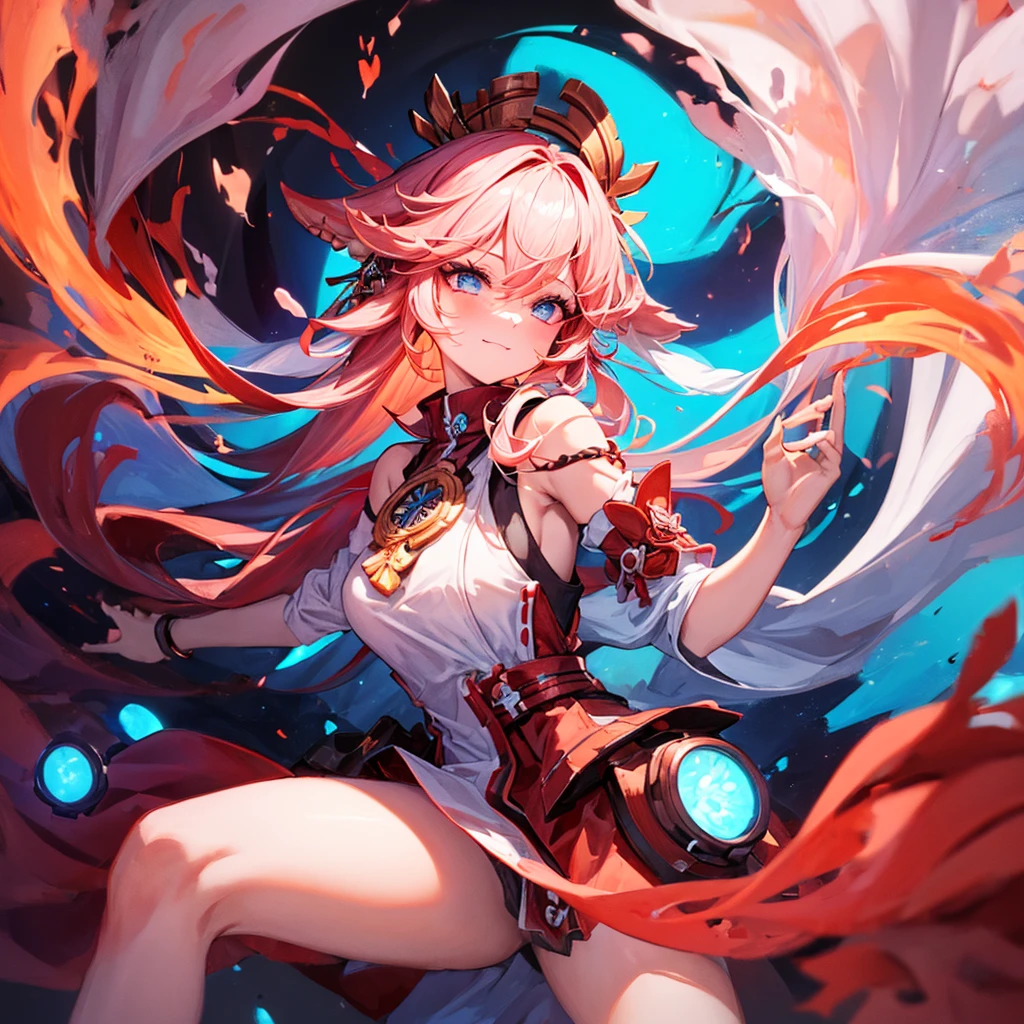 ((masterpiece,best quality)),(negative space:1.4),(1 girl, alone:1.4),Beautiful and delicate eyes,flowing pink hair, Red Hat, balls of fire, cast fire spell, Orange and red fractal background, look to the side, cyan eyes, whole body, jump