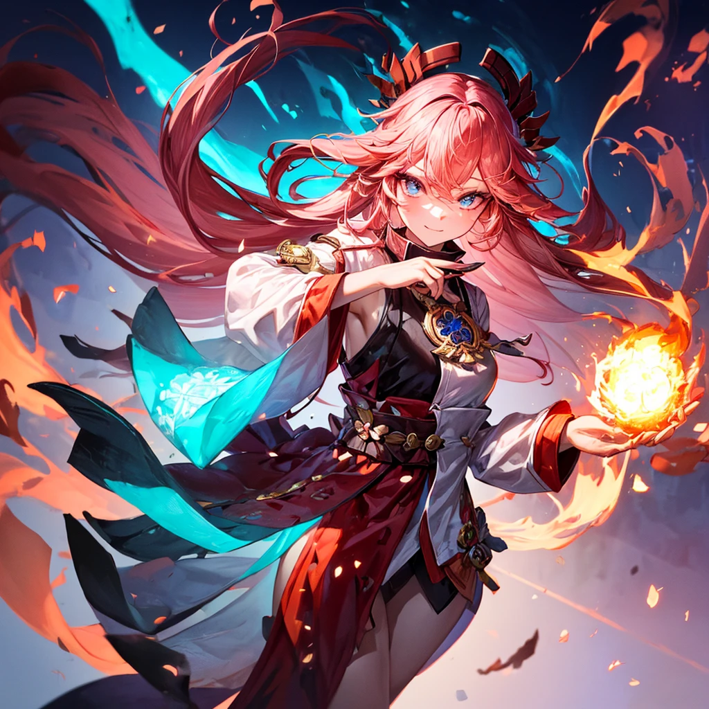 ((masterpiece,best quality)),(negative space:1.4),(1 girl, alone:1.4),Beautiful and delicate eyes,flowing pink hair, Red Hat, balls of fire, cast fire spell, Orange and red fractal background, look to the side, cyan eyes, whole body, jump