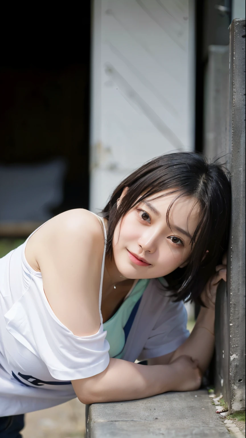 (highest quality, 8K, 32K, masterpiece, UHD:1.2),Photos of cute Japanese women,black short hair,(beautiful face:1.3),(leaning forward:1.6),squat,(From above:1.2),(close:1.4),looking at something else,smile, (T-shirt with loose neck:1.3),big breasts,(Beautiful breasts:1.5),outdoor,the wind is strong,shiny skin,blurred background