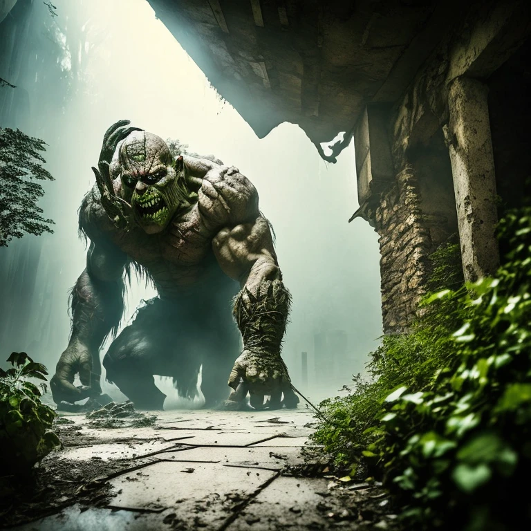 a monster,(((pale white skin))),solo,hunchback troll,zombie,zombie hulk,tattered clothes, dead rotting skin on the face, muddy hair, detailed rotting peeling dead skin,water corpse, blind, huge arms,huge hands,huge claws,stoop like a carnivores,small face,full body view,((in the kanal)),overgrown sewer,fogging underground,moody low lighting,wide angle,
