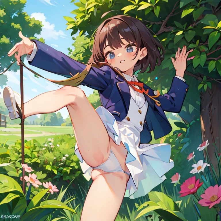 ,Blazer ,mini skirt,white underwear,Raising one leg high with one hand,I-shaped balance,garden