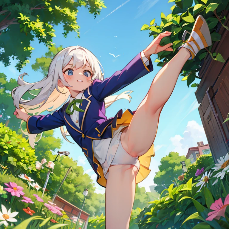 ,Blazer ,mini skirt,white underwear,Raising one leg high with one hand,I-shaped balance,garden