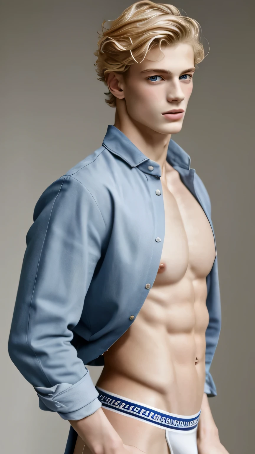 Portrait of a 18 year old young man, napoleon clothes, blushing, blonde, open shirt, show torso, show pecs, French military uniform, underpants, handsome supermodel, Greek profile, Greek face, strong jaw, white skin, extremely pale skin, attractive boy, blonde boy, cinematographic, best quality, sharpness, focus on the boy, anatomical perfection, golden ratio, open legs, commercial, bluge, perfect anatomy, perfect symmetry, facial symmetry, body symmetry, homoerotic