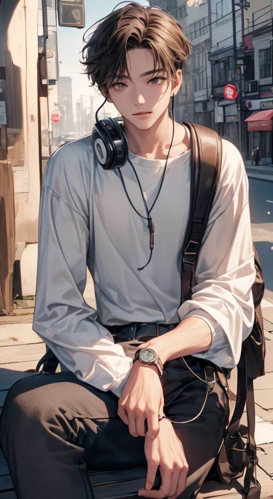 ((4K works))、masterpiece、(top-quality)、((high-level image quality))、((One Manly Boy))、Slim body、((Attractive and sexy fashion))、((Men's Fashion))、((Holding a backpack and iPhone in hand))、(Detailed beautiful eyes)、In a fashionable city、Sitting on the curb and listening to music、Face similar to Chaewon in Ruseraphim、((short hair above the ears))、((Smaller face))、((Neutral face))、((Light brown eyes))、((Korean boy))、((18year old))、((Handsome man))、((Teeth and smile expression))、((Korean Makeup))、((elongated and sharp eyes))、((photo of a model))、((Like a celebrity))、Professional Photos、((Shot alone))、((Sitting on the curb and listening to music through headphones))、((He sits in front of the viewer))、((Shot diagonally up from the front))、((Hold your iPhone in your hands、Look at your iPhone screen))