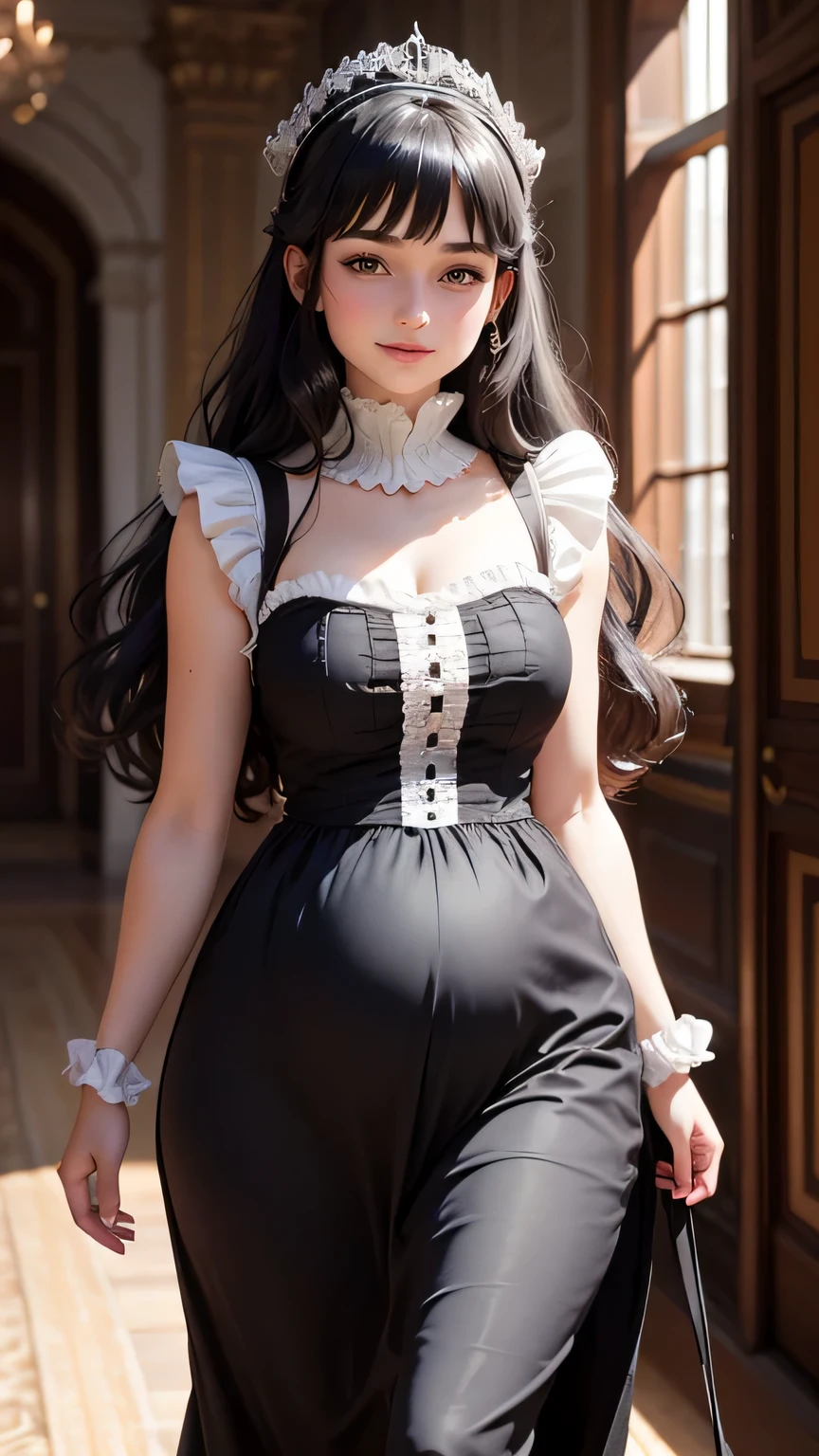 Girl 1, 23 years old, princess, 2 pregnant, sleeveless dresses, short dress, sexy, cute, pretty, perfect face, black hair, flowing hair, 16th century Russia, Palace, laugh, (victorian), walk towards the camera,