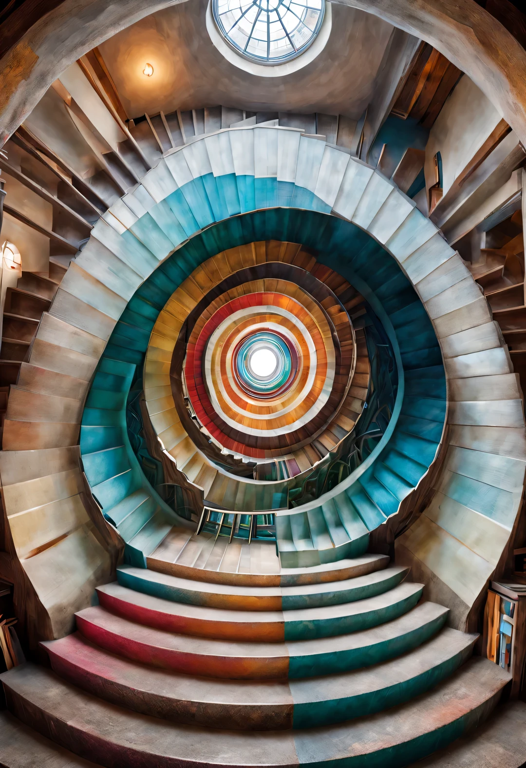(Visual illusion), "Inception", Illusive fusion of a wooden staircase painting with a giant man&#39;s face in a kaleidoscope, repetitive or spiral movement or change, or perspective-distorted images that distort depth and spatial perception, These images appear to be moving, straight lines are curved, Colorful geometric patterns, bright colors, Inspired by Tomek Setovsky, psychedelic architecture, Energetic、colorful killian, penrose stairs, Flat Surrealism, biomorphic temple, Paul Lehr and Mi Chong, master of abstract surrealism, inspired by killian, double contact,