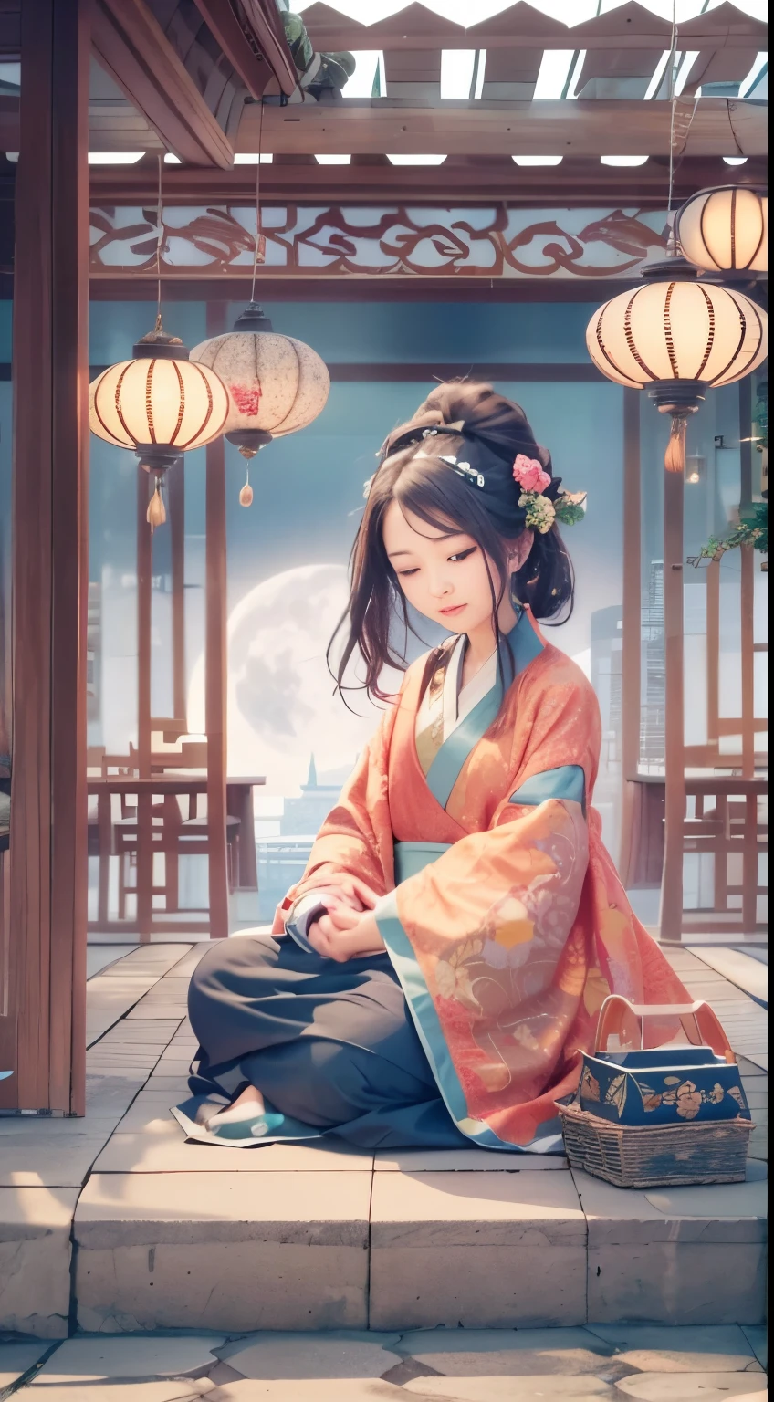 in the courtyard,There are neat wooden tables and chairs.,Mooncakes are placed on the table.、fruit、tea, etc,There are also scented candles to enhance the ambient lighting.。เด็กผู้หญิงกลุ่มหนึ่งยืนกระจัดกระจายอยู่in the courtyard,and some people sit in chairs,laugh。They were all dressed in traditional hanfu.,Untidy clothes.,Look further away,A bright moon hung in the sky.。The image format is:、It combines watercolor and digital illustration techniques.,Makes you feel like you're there.。