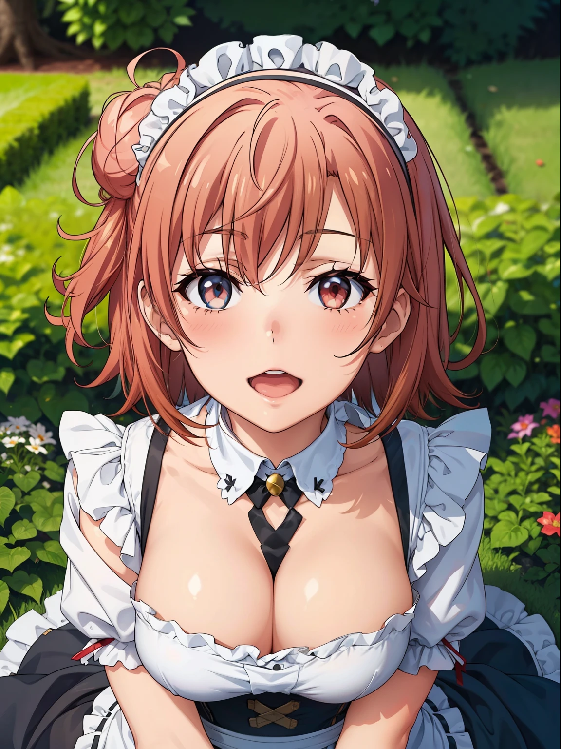 ((muste piece, best quality, High resolution, ticker, perfect pixel, Depth of bounds written, In 4K, )), 1 girl, solo, , beautiful anime girl, beautiful art style, 
close up of breasts, Looking at Viewer, 
perfect body,  

Yuigahama Yui, hair bun, short hair, (big ), cleavage,  

full face blush, shy smile, open mouth,  

Maid attire, metal collar, 
garden, outdoor, 
From above, POV handjob,
(incoming hug, incoming kiss),
upper glance,