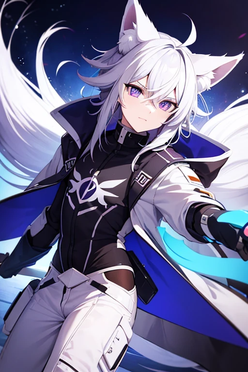 Half fox with white hair and goggles on top of his head and light blue and purple eyes, Anime