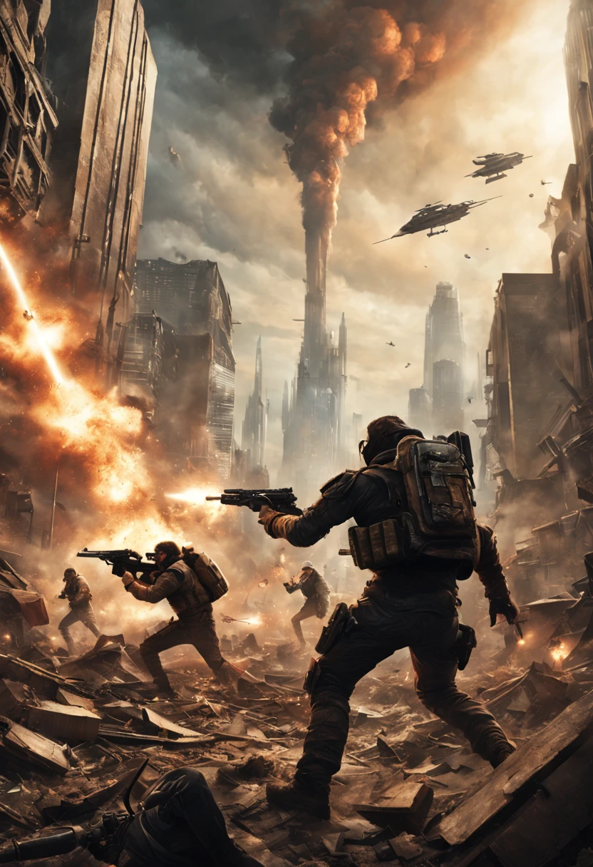 "((Epic, Cinematic)) saviors of humanity engaging in fierce duels against extraterrestrial invaders amidst the rubble of a post-apocalyptic cityscape, with their weapons unleashing devastating explosive rounds, dust and debris getting thrown up in the midst of the chaotic, high-octane combat."
