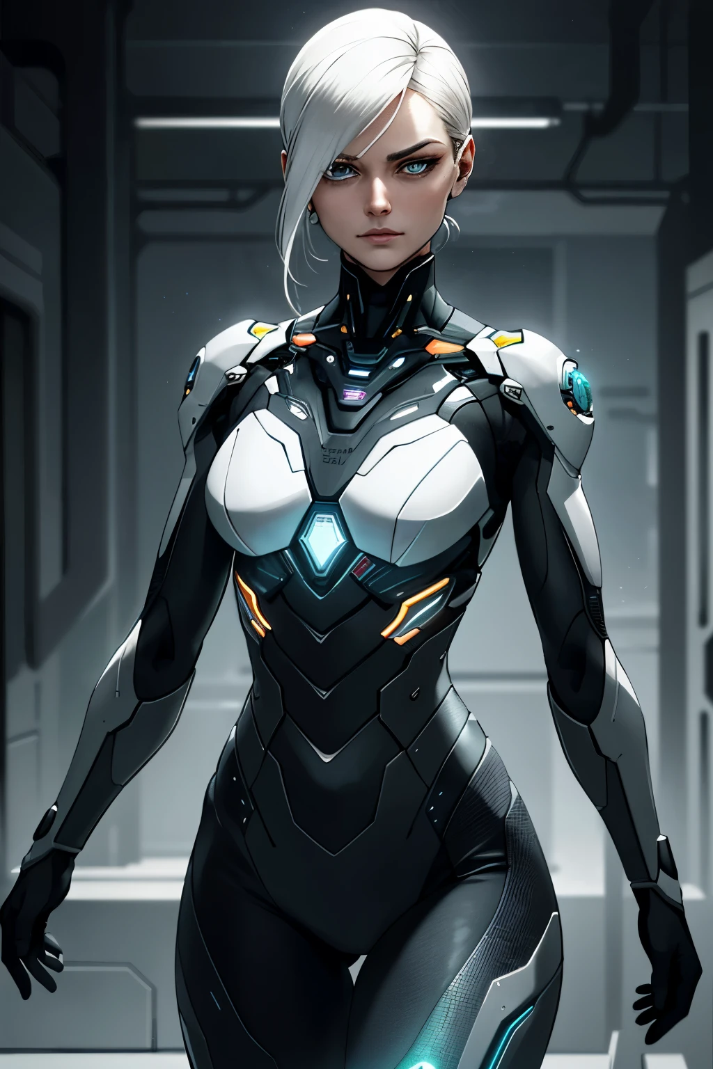 His eyes are bright and futuristic, with a cybernetic glow to them, on his chest, just above his heart, is a small icon representing a gear, symbolizing the "machene" in "Stupid Machene".This gear is menimalistand in silver tones .The typography "Stupid Machene" is written below the figure in a modern, stylized font. The text has a cybernetic tone that matches the figure, and the letters have a futuristic look, bare breasts, nudity on the breasts, visible nipples, topless.Front shot.