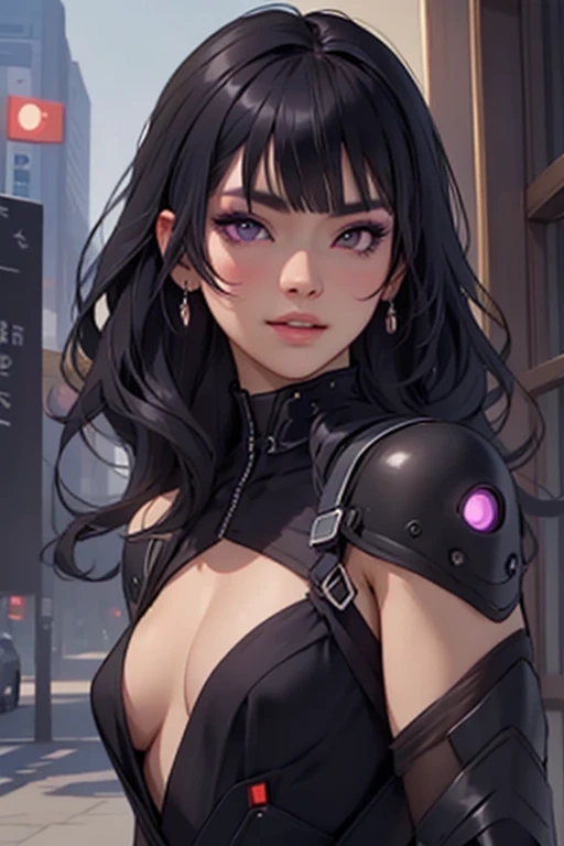 Detailed art, sketch art, sketch drawing, girl with Brazilian and Asian features, Japanese eyes, small elegant lips, wavy hair with long bangs that extend a little past her light brown shoulders, deep gray eyes, soft purple makeup and eyes black men, broad and elegant shoulders, wearing black futuristic ninja attire with purple details, in a city night scene