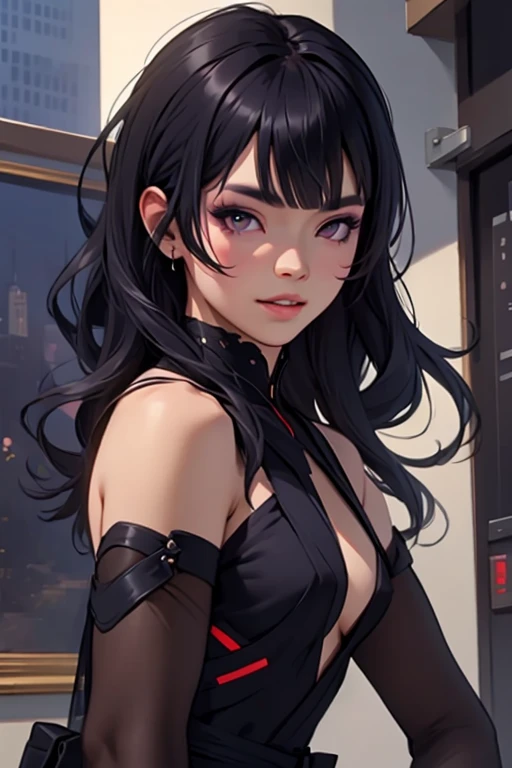 Detailed art, sketch art, sketch drawing, girl with Brazilian and Asian features, Japanese eyes, small elegant lips, wavy hair with long bangs that extend a little past her light brown shoulders, deep gray eyes, soft purple makeup and eyes black men, broad and elegant shoulders, wearing black futuristic ninja attire with purple details, in a city night scene