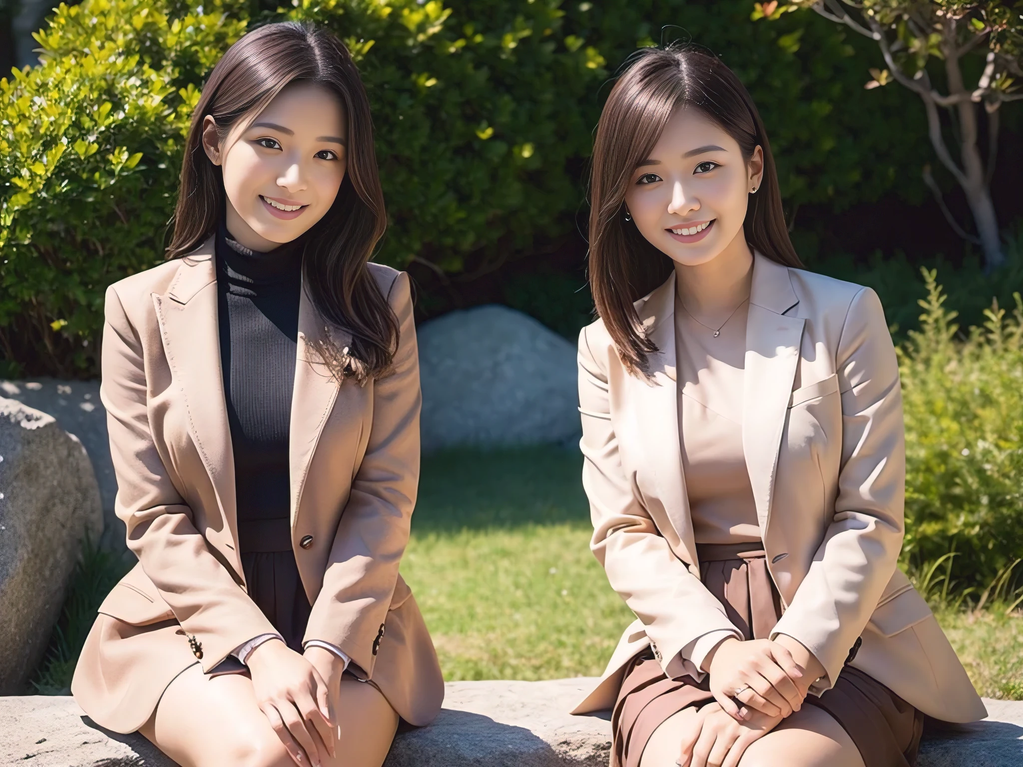 Photorealistic, Best Quality, Hyper Detailed, 2 women in suits, A Japanese middle-aged woman sitting on a rock bench, wearing a dark suit, A Japanese teen girl sitting beside her in pink suit, happy expressions , open garden (sunlight), mountainscape, (Outstanding smile,A dark-hair,Calm, Kind expression , Happy), Wood, plain lawn, Fog, SunRays , sun rays ,crystal clear skies, analog style, Looking at Viewer, Skin Texture, Film grain, , 超A high resolution, Best Shadow, raw, Instagram LUT