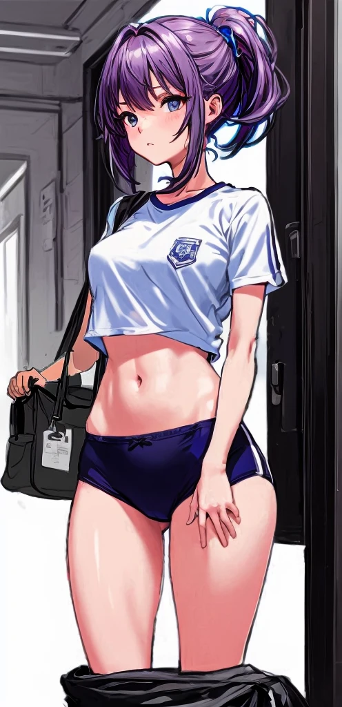 A beautiful girl with a crisp face and long hair tied in a mauve-purple ponytail with a light pink ribbon is standing in the school hallway wearing a white gym uniform on top and navy blue bloomers shaped like panties on the bottom.。