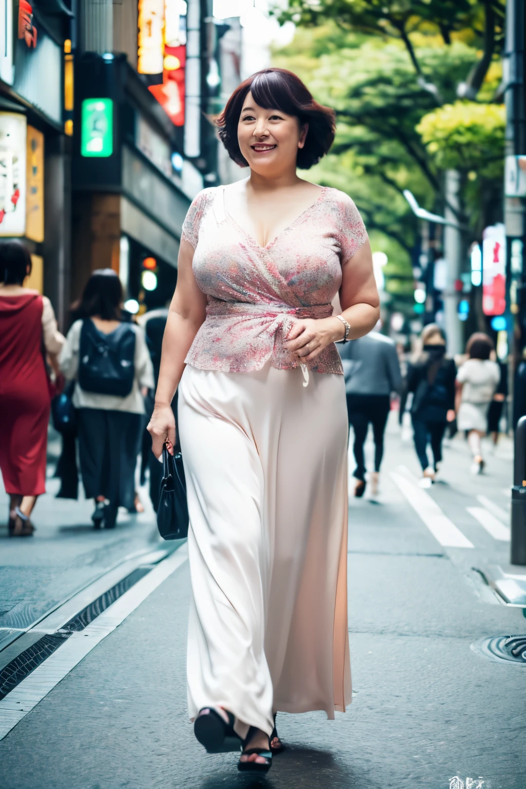 mature woman,Tokyo,stroll,highest quality,masterpiece,8k,No bra,45 years old,obese body type,