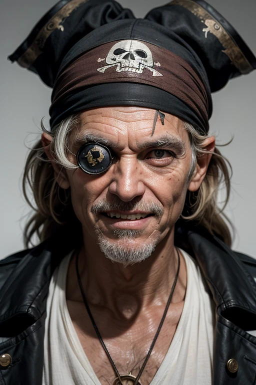 Professional portrait, old man, old pirate, thin face, eye patch, wrinkled face, one-eyed, scar on face, evil smile, rotten teeth, tanned skin, old pirate hat, black background, eye contact, looking at viewer, masterpiece, best quality, perfect detail, perfect face detail, perfect eye detail, perfect skin detail, depth of field, perfect lighting