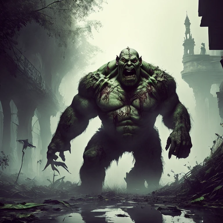 a monster,(((pale white skin))),solo,hunchback troll,zombie,zombie hulk,tattered clothes, dead rotting skin on the face, muddy hair, detailed rotting peeling dead skin,water corpse, blind, huge long arms,huge hands,huge claws,stoop like a carnivores,small face,full body view,wide angle,(in the underground kanal),overgrown sewer,fog,moody low lighting,
