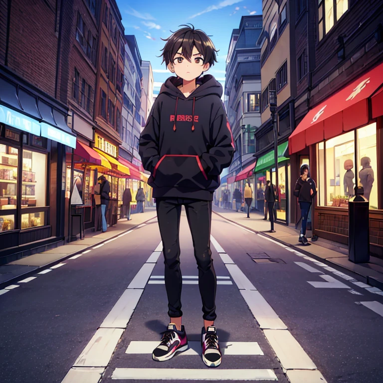 Masterpiece, high quality. A boy with brown eyes, and black hair. Stand on the street, wearing a purple hoodie, black skinny jeans, and sneakers shoes. Place (paving block, traffic light, shops)