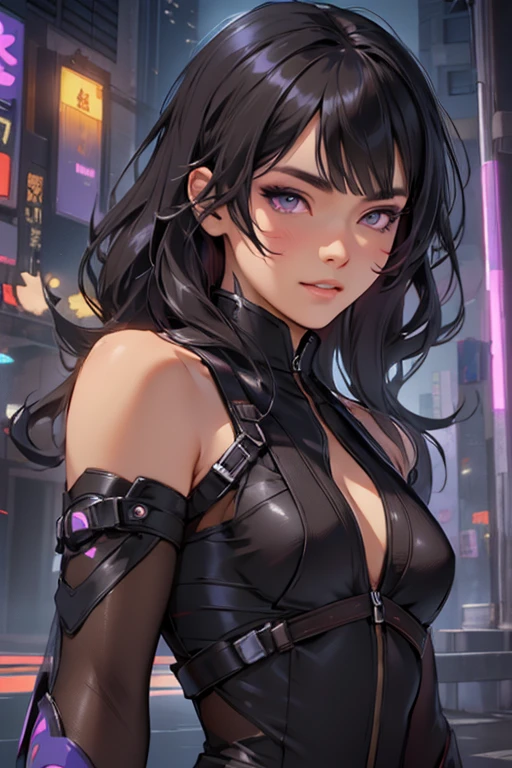 Detailed art, sketch art, sketch drawing, girl with Brazilian and Asian features, Japanese eyes, small elegant lips, wavy hair with long bangs that extend a little past her light brown shoulders, deep gray eyes, soft purple makeup and eyes black men, broad and elegant shoulders, wearing black futuristic ninja attire with purple details, in a city night scene