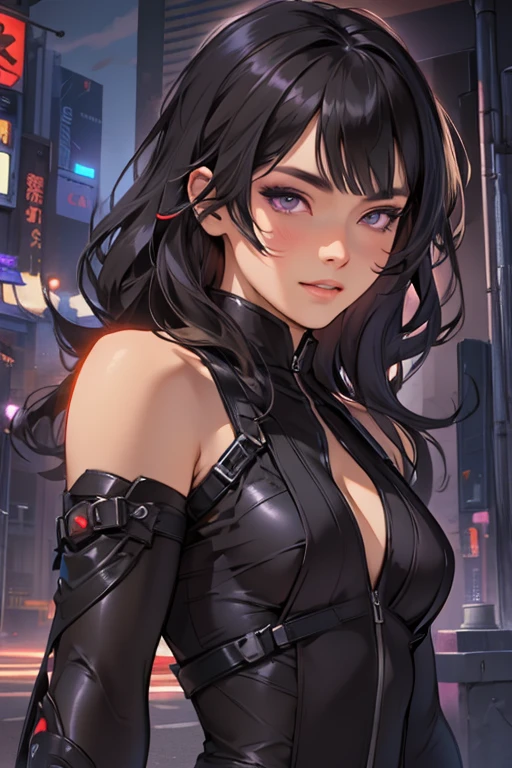 Detailed art, sketch art, sketch drawing, girl with Brazilian and Asian features, Japanese eyes, small elegant lips, wavy hair with long bangs that extend a little past her light brown shoulders, deep gray eyes, soft purple makeup and eyes black men, broad and elegant shoulders, wearing black futuristic ninja attire with purple details, in a city night scene