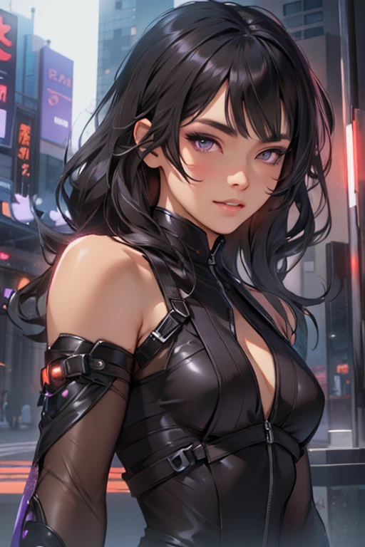 Detailed art, sketch art, sketch drawing, girl with Brazilian and Asian features, Japanese eyes, small elegant lips, wavy hair with long bangs that extend a little past her light brown shoulders, deep gray eyes, soft purple makeup and eyes black men, broad and elegant shoulders, wearing black futuristic ninja attire with purple details, in a city night scene