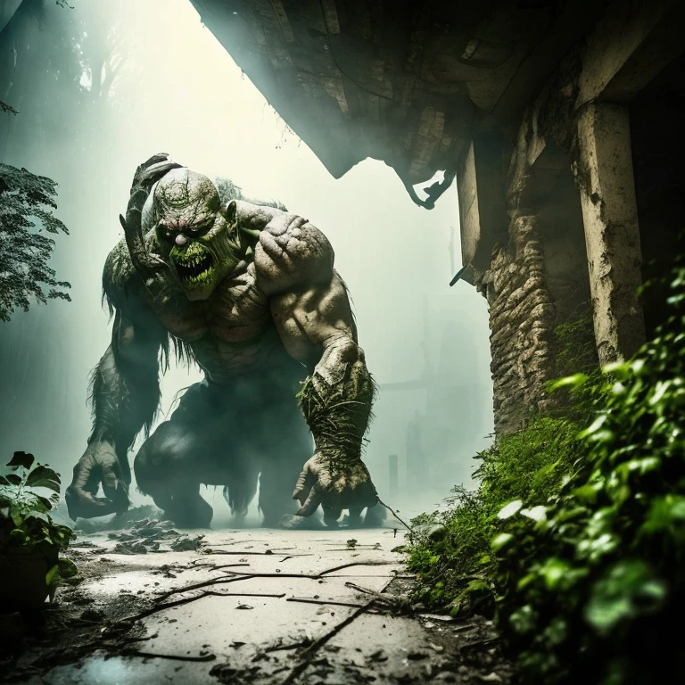 a monster,(((pale white skin))),solo,hunchback troll,zombie,zombie hulk,tattered clothes, dead rotting skin on the face, muddy hair, detailed rotting peeling dead skin,water corpse, blind, huge arms,huge hands,huge claws,stoop like a carnivores,small face,full body view,((in the kanal)),overgrown sewer,fogging underground,moody low lighting,wide angle,