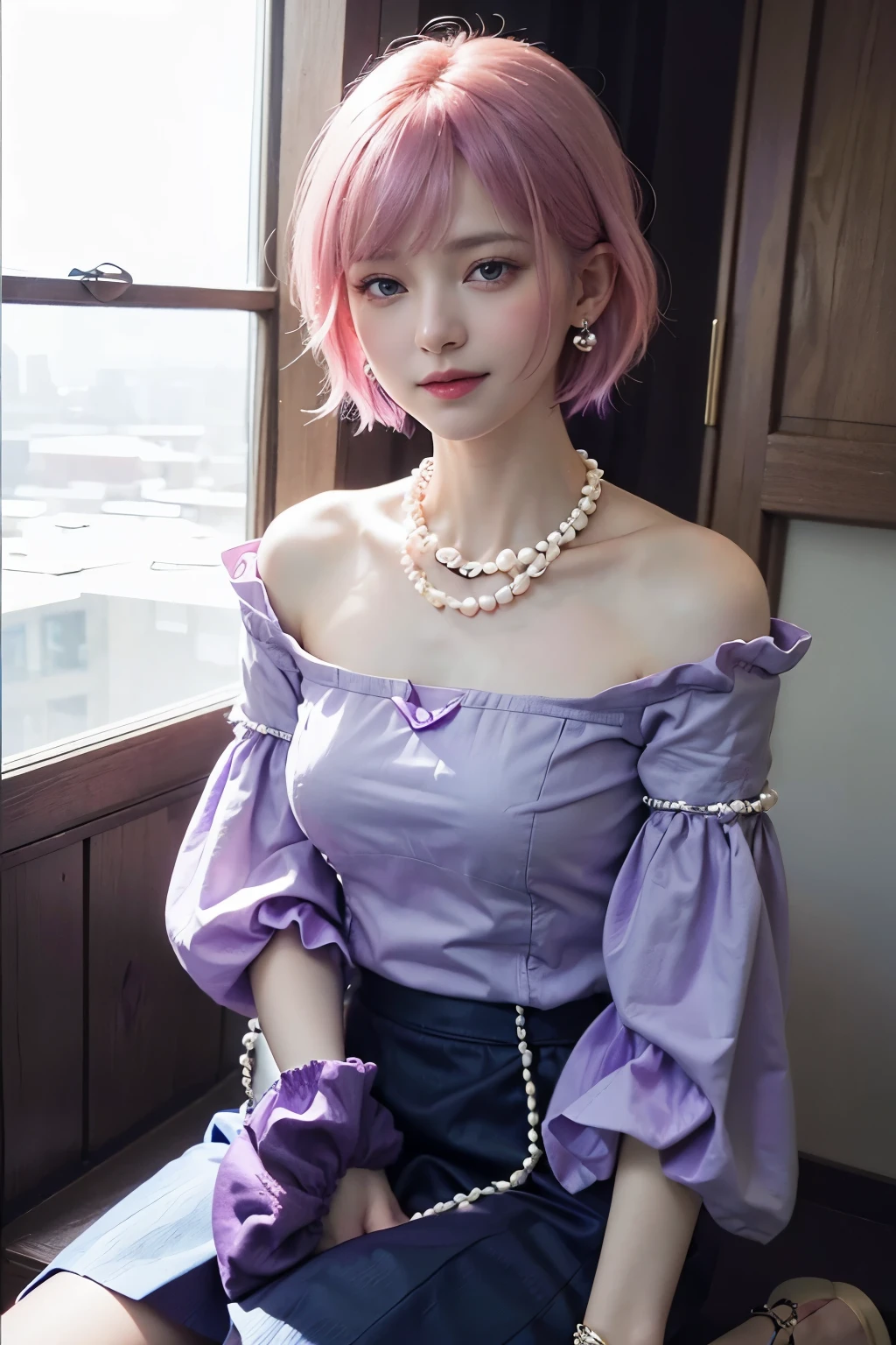 (8K, top-quality, masterpiece:1,2), (reallistic, Photorealsitic:1.37), Super Detail, One girl,), (Highly detailed), (beautifully detailed eyes), (of the highest quality), (super detailed ), (masterpiece), (Detailed face),20yr old, ,1 girl, ((pink hair,Very short hair)), medium breasts, clothed, Perfect Lighting, BREAK (purple puff sleeve blouse:1.4), (blue flare skirt:1.4), (white sandals:1.2), (pearl earrings:1.2), (pearl necklace:1.2), BREAK bangs to the right, left ear with pearl earring, smile, eyes looking at camera, right hand on waist, left hand on neck, chest out, shoulders back, upper body to knee, blue sky and white clouds, natural light from front, minimal shadows