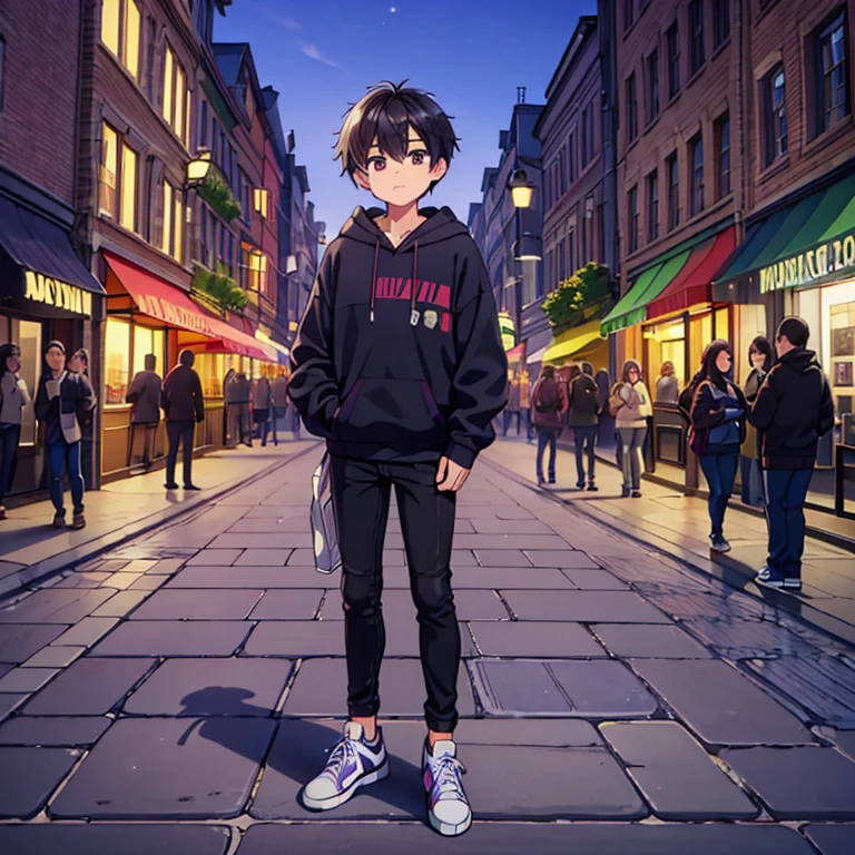 Masterpiece, high quality. A boy with brown eyes, and black hair. Stand on the street, wearing a purple hoodie, black skinny jeans, and sneakers shoes. Night and sunny Place (paving block, traffic light, shops)